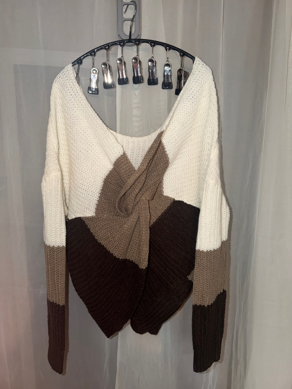 Off-the-Shoulder Colorblock Knit Sweater in Cream and Brown